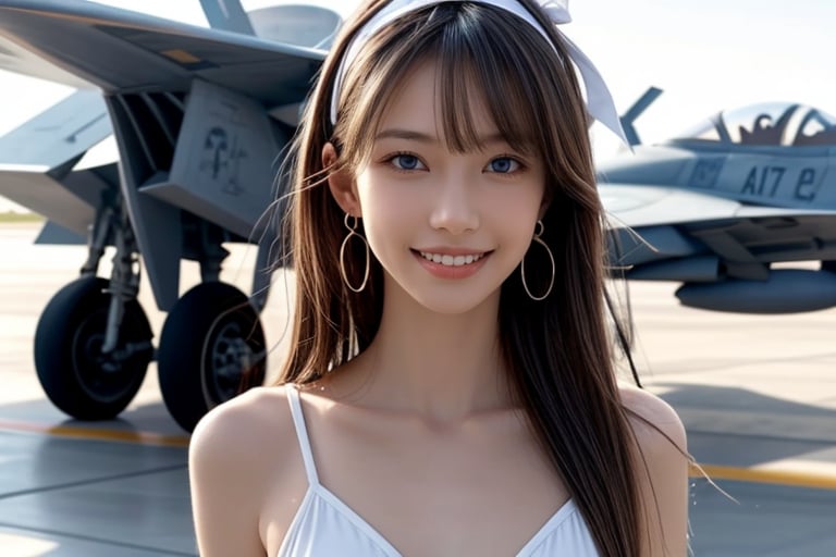 One girl, solo, long hair, looking at the viewer, teeth, smile, bangs, brown hair, realistic, white swimwear, high heels, aircraft carrier deck, sea, upper body, next to a fighter jet Standing, realistic, middle of the chest, earrings, blue eyes, lips, ribbon headband, lips, ribbon, realistic, open lips, looks good in a fighter jet, 18 years old, has a nice smile,