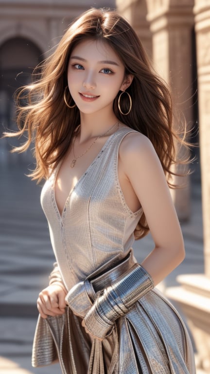 18 years old, 1 girl, beautiful Korean girl, gladiator costume, long boots, standing inside the colosseum, solo, {beautifully detailed eyes}, blue eyes, calm expression, delicate features, ((model pose)), attractive figure, (brown hair: 1.2), knotted hair, waist Upper hair, curly hair, very long hair, simple small necklace, earrings, thin particles, real hands, masterpiece, top quality, 16k, photorealistic, super detailed, finely detailed, high resolution, perfect dynamic beautiful composition, beautifully detailed eyes, relaxed, sharp focus, full body, cowboy shot, nice smile, teeth,