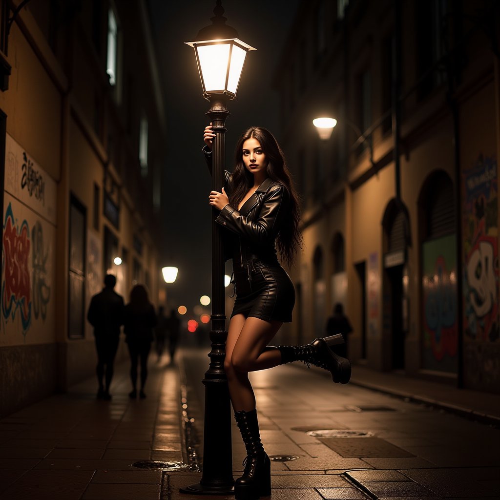 A graceful girl in a black leather jacket performs a twine on a street lamp, sitting on the crossbar of the lantern. One leg is stretched forward, the other pulled back, creating a beautiful line. Her long dark hair falls down, emphasizing her gracefulness. She looks directly at the viewer, her face expressing confidence and concentration. Dark eyes and plump lips, lined with arrows, are emphasized by her makeup. Dressed in a tight black leather jacket and short skirt, her slender figure is highlighted. High platform shoes adorn her feet. The city street at night forms the background, with the lantern illuminating her, creating contrasting shadows and glare on her skin. Graffiti on the walls, puddles reflecting light, and silhouettes of passers-by add to the night city atmosphere. The image conveys a strong, confident girl who stands out and demonstrates her abilities.