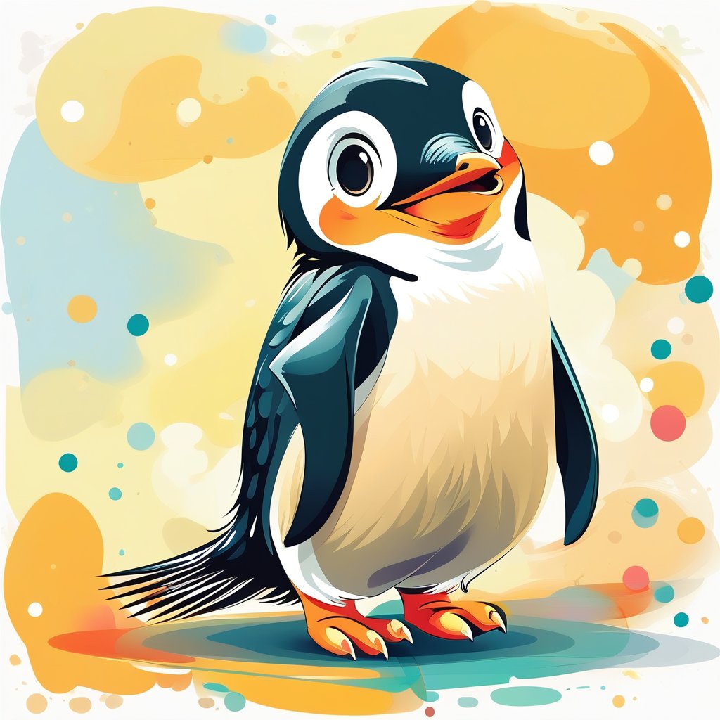 Vector illustration, friendli looking penguin, big forehead, bright colors, made by master graphic designer, score_8, score_9.