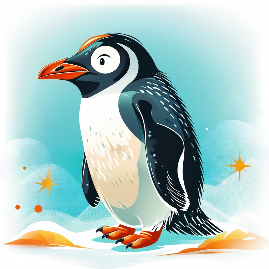 Vector illustration, friendli looking penguin, big forehead, bright colors, made by master graphic designer, score_8, score_9.