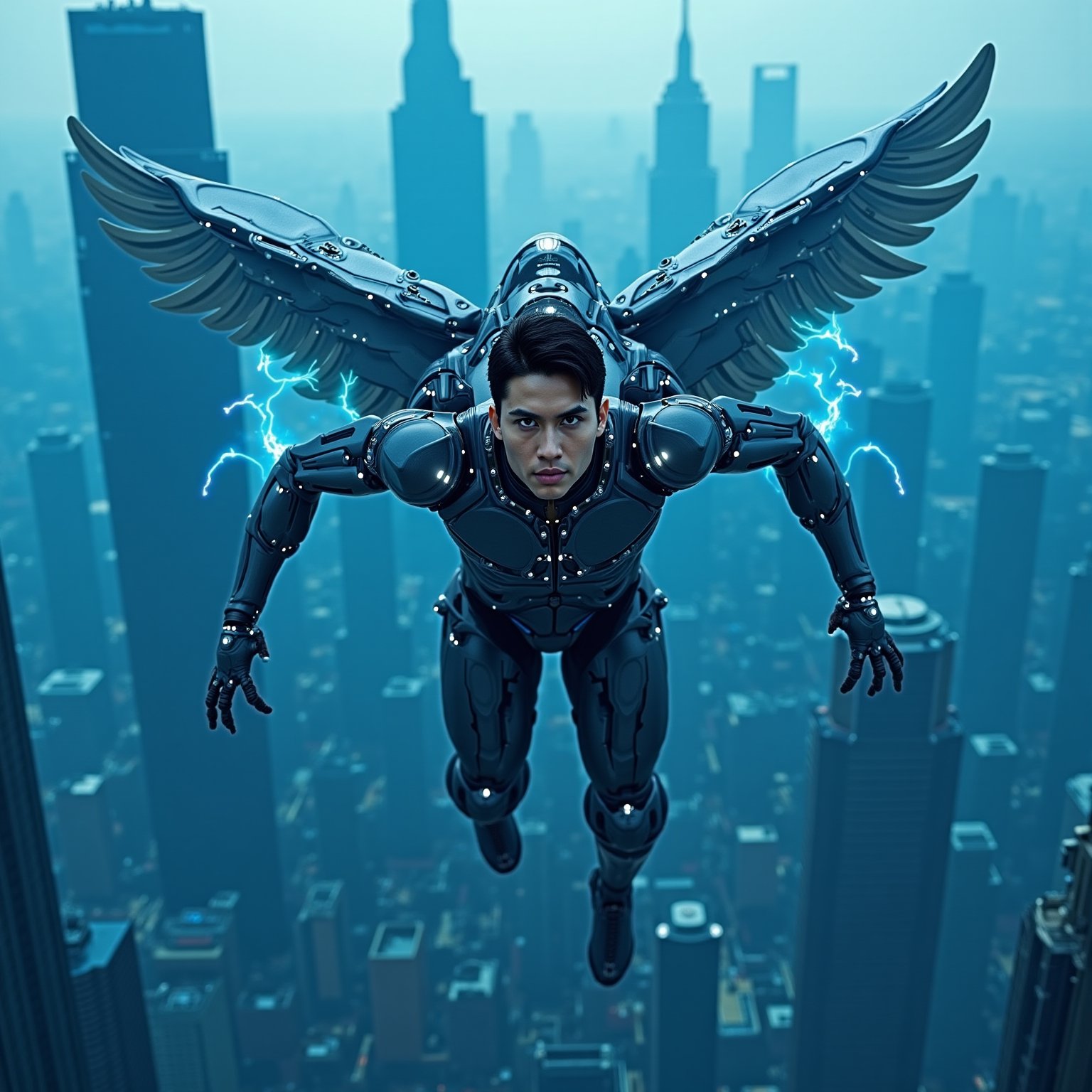 featuring super realistic ultra-HD: a futuristic  combination terminator figure with a sophisticated mechanical body that has terminator wings extending from its back, full body display and blue lightning effects throughout the body. This  combinatinon terminator flies over a sprawling metropolis with towering skyscrapers and bluish tones, suggesting a high-tech urban environment. The  combination terminator body is highly detailed with visible mechanical muscles and glowing blue energy flowing through it, suggesting a blend of organic and synthetic elements. The face of a handsome young Asian man is clearly visible to further highlight the technological aspect of this design. This image is interesting because it depicts advanced technology integrated in the human form, against the backdrop of a futuristic city, which is relevant for science fiction concepts or discussions about the future of human augmentation.