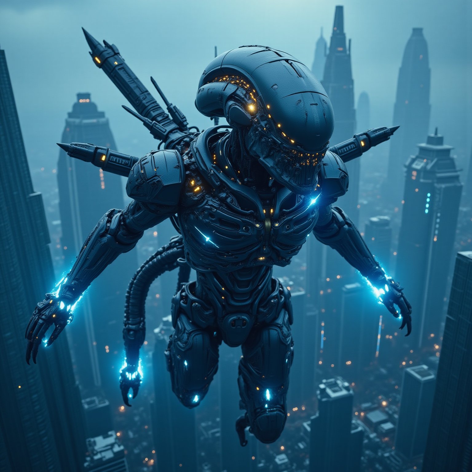 featuring super realistic ultra-HD: a futuristic xenomorph combination venom figure with a sophisticated mechanical body that has venom wings extending from its back, full body display and blue lightning effects throughout the body. This xenomorph combinatinon venom flies over a sprawling metropolis with towering skyscrapers and bluish tones, suggesting a high-tech urban environment. The xenomorph combination venom body is highly detailed with visible mechanical muscles and glowing blue energy flowing through it, suggesting a blend of organic and synthetic elements. The face of a handsome young Asian man is clearly visible to further highlight the technological aspect of this design. This image is interesting because it depicts advanced technology integrated in the human form, against the backdrop of a futuristic city, which is relevant for science fiction concepts or discussions about the future of human augmentation.