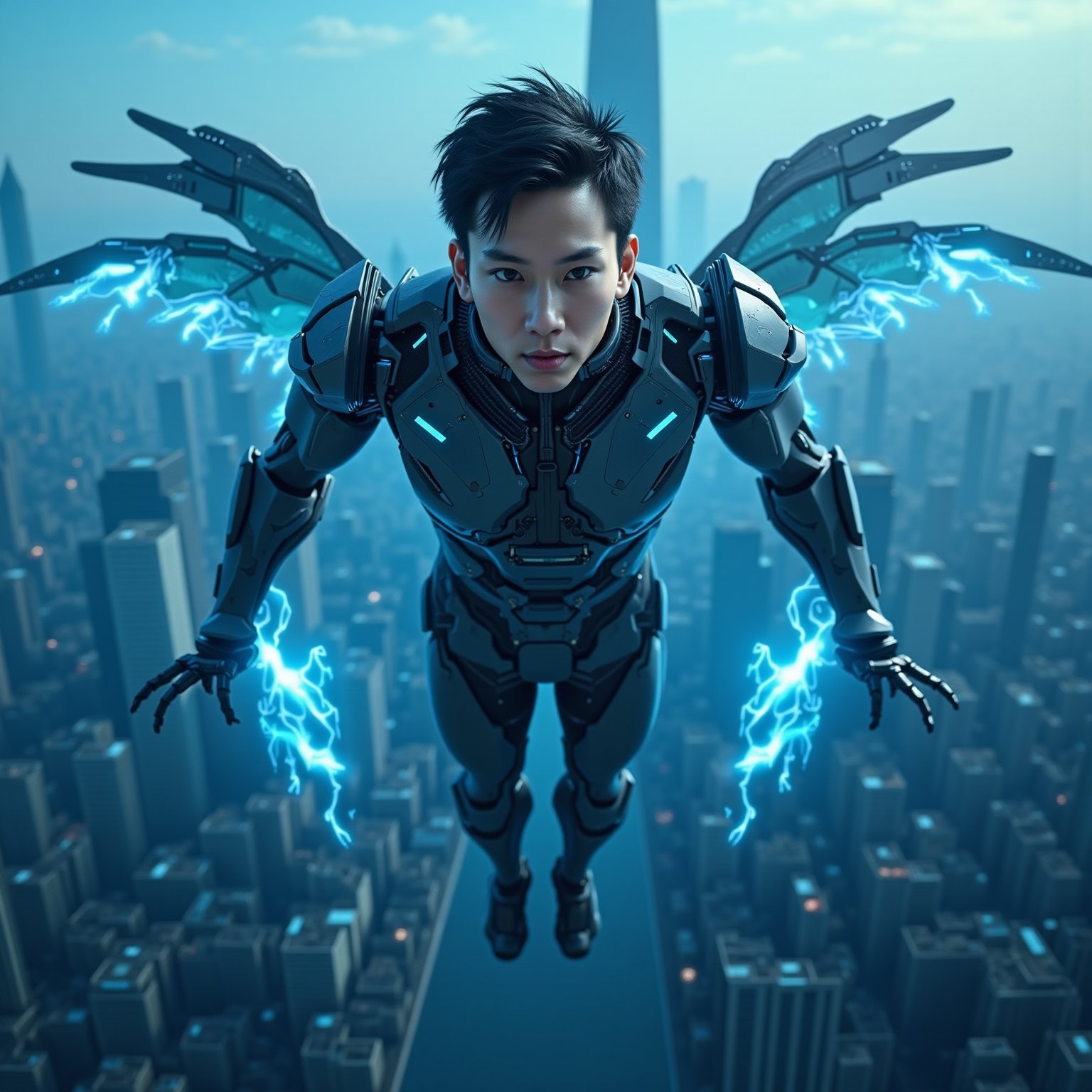 featuring super realistic ultra-HD: a futuristic cyborg figure with a sophisticated mechanical body that has robotic wings extending from its back, full body display and blue lightning effects throughout the body. This cyborg flies over a sprawling metropolis with towering skyscrapers and bluish tones, suggesting a high-tech urban environment. The cyborg's body is highly detailed with visible mechanical muscles and glowing blue energy flowing through it, suggesting a blend of organic and synthetic elements. The face of a handsome young Asian man is clearly visible to further highlight the technological aspect of this design. This image is interesting because it depicts advanced technology integrated in the human form, against the backdrop of a futuristic city, which is relevant for science fiction concepts or discussions about the future of human augmentation.