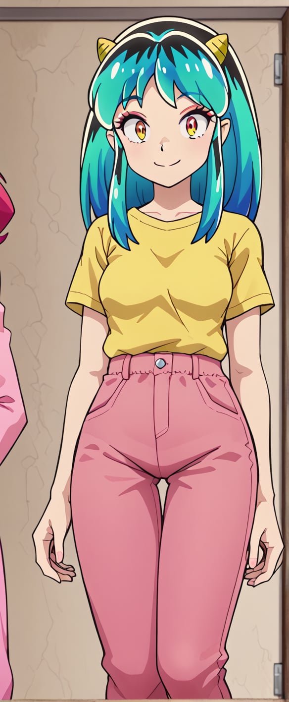  lum, oni horns, yellow  shirt, pink pants, smiling, looking at viewer,