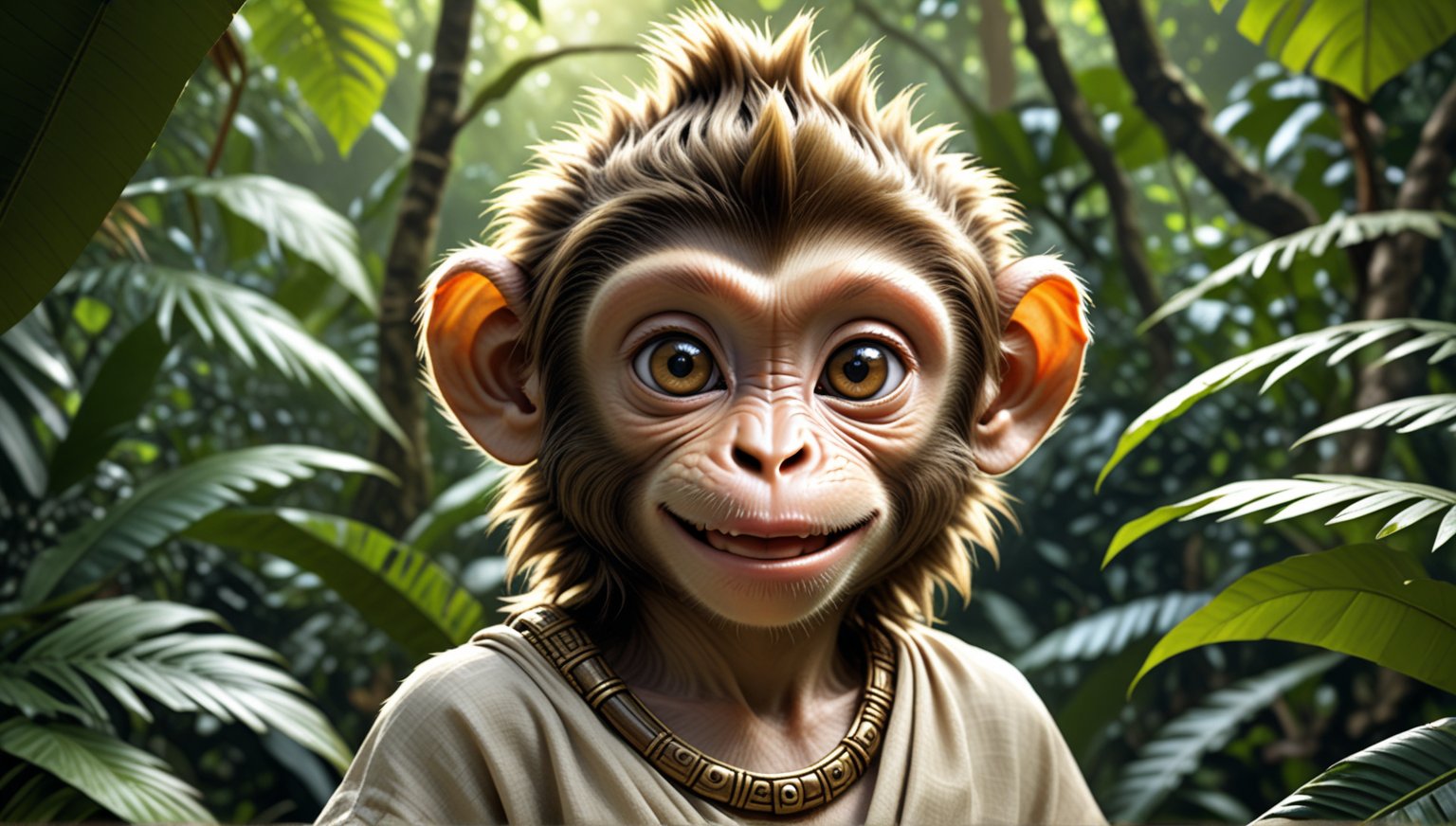 A juvenile monkey dressed in very simple style plain cloth tunic,  
happy, smile , detailed eyes, photorealistic,  in a lush jungle.
ancient times.
The monkey's head is adorned with a mohawk,