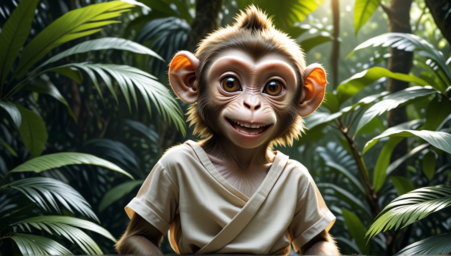 A juvenile monkey dressed in very simple style plain cloth tunic,  
very happy, smile very happily, detailed eyes, photorealistic,  in a lush jungle.
ancient times.
The monkey's head is adorned with a mohawk,