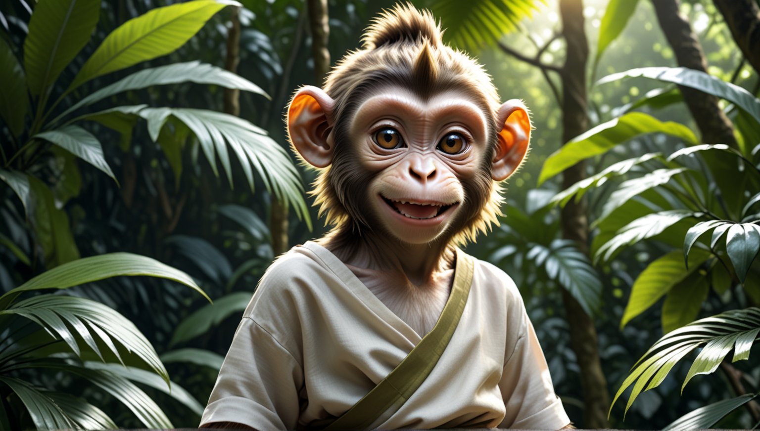 A juvenile monkey dressed in very simple style plain cloth tunic,  
happy, smile , detailed eyes, photorealistic,  in a lush jungle.
ancient times.
The monkey's head is adorned with a mohawk,