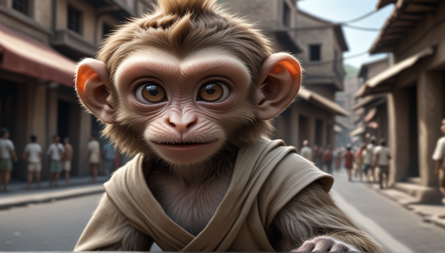 A juvenile male monkey dressed in very simple style plain cloth tunic, in a realistic furry style, 
happy, detailed eyes, photorealistic,  
and it has a mohawk-like texture on its head .
Scene on the streets of ancient times.