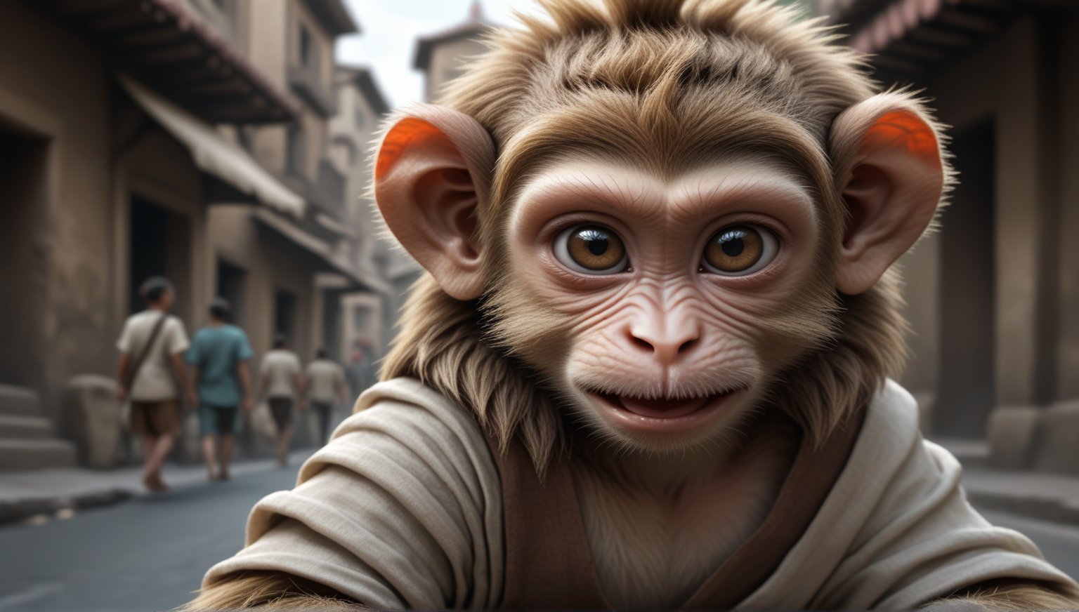 A juvenile male monkey dressed in very simple style plain cloth tunic, in a realistic furry style, 
happy, detailed eyes, photorealistic,  
and it has a mohawk-like texture on its head .
Scene on the streets of ancient times.