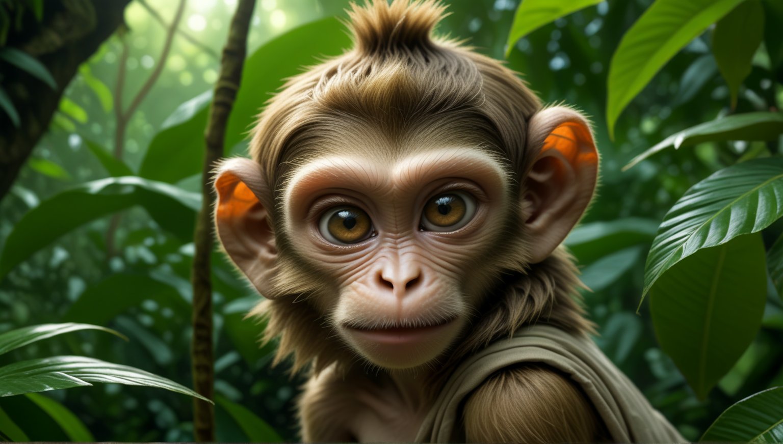 A juvenile monkey dressed in very simple style plain cloth tunic,  
happy,  detailed eyes, photorealistic,  in a lush jungle.
ancient times.
The monkey's head is adorned with a mohawk,