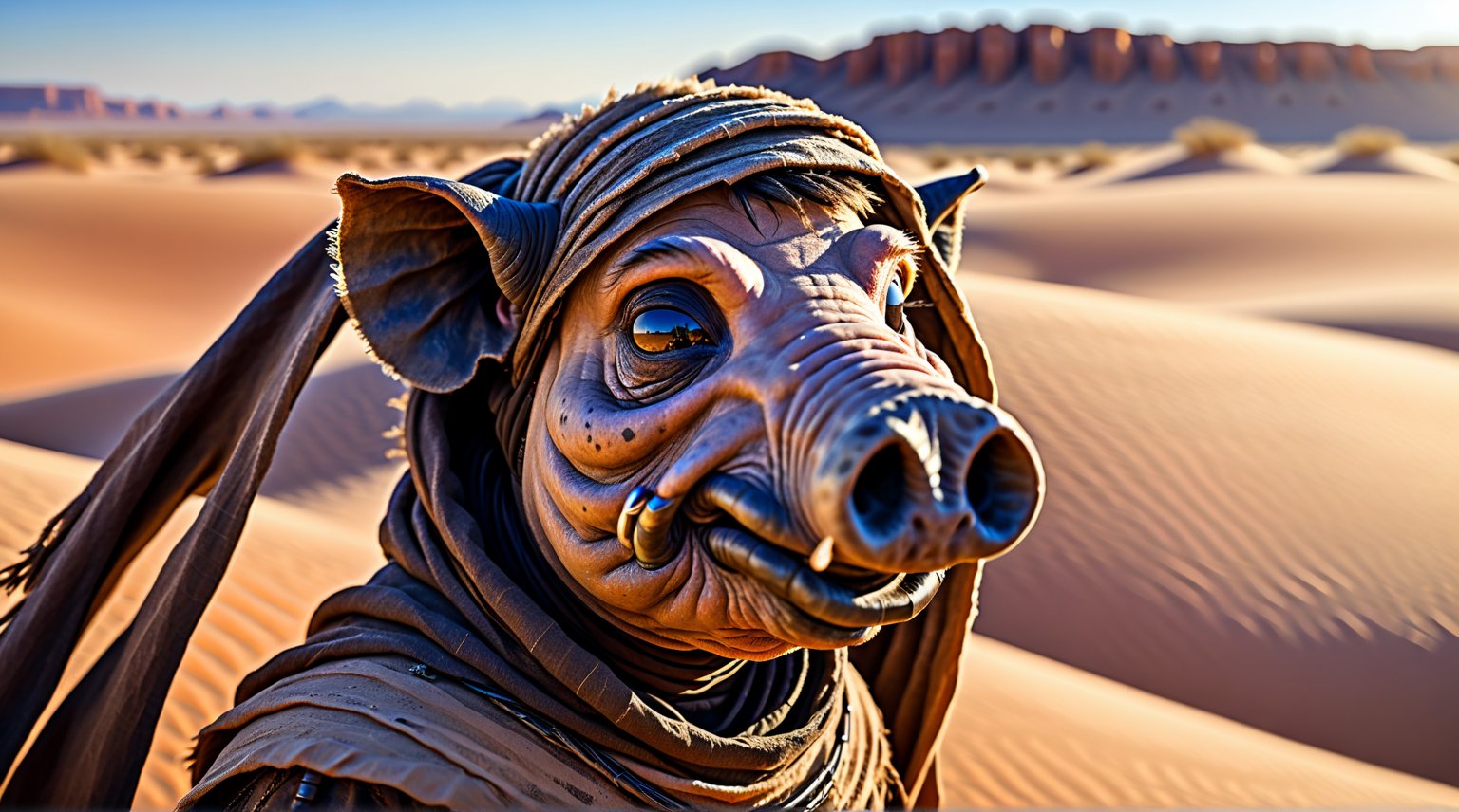 Impressionistic Artwork, dune movie ,
closeup of an anthro pig ,black pig hair,Smiling very contentedly,
Looking into the distance, 
withered desert outfit, cloak , desert landscape, epic light, sfw, high quality photography, 3 point lighting, flash with softbox, 4k, Canon EOS R3, hdr, smooth, sharp focus, high resolution, award winning photo, 80mm, f2.8, bokeh