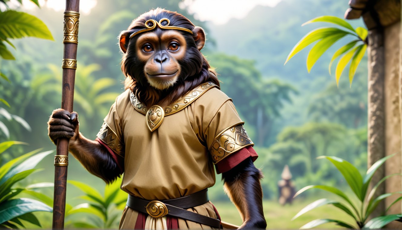 Epic full body photo insane details, 
A little thin brown bonobo anthro with brown eyes in a realistic furry style, with a handsome, happy smile, dressed in very simple style medieval tunic, wearing a tight headhoop on head ,
holds up a beautifully carved long stick in his right hand. 
His left hand is tucked out of sight in his pocket. 
In the background an out-of-focus jungle scene, detailed eyes, fantasy style, smirking, full_body