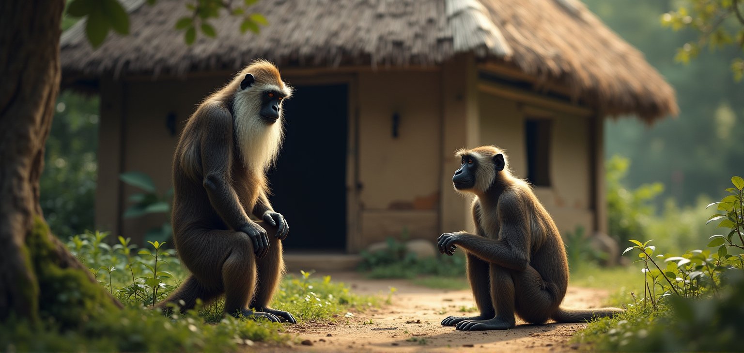 In ancient times, in front of dilapidated thatched house in the forest,
A very old teacher with a white beard was standing there.
(An anthropomorphic young bonobo in plain clothes happily  knelt.), 
The young bonobo  smiled very happily and looked attentively at the human teacher.
(f1.4, Canon EOS, SIGMA Art Lens 35mm F1.8, ISO 200 Shutter Speed 2000), Ultra High Quality, Ultra High Resolution, Ultra High Quality, Ultra Realistic, Color Correct, Good Lighting Settings, Good Composition, Very Low Noise, Sharp Contours, Harmonious Great composition, precise and detailed drawing
