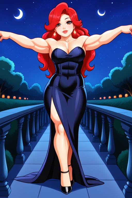 a very muscular girl, in dress, high heels, very strong arms, very strong legs, very strong calves, very strong pectorals, veins, pretty face, fine face, freckles, red hair, luxurious, chic, night, many people in the background, fine details, 8k