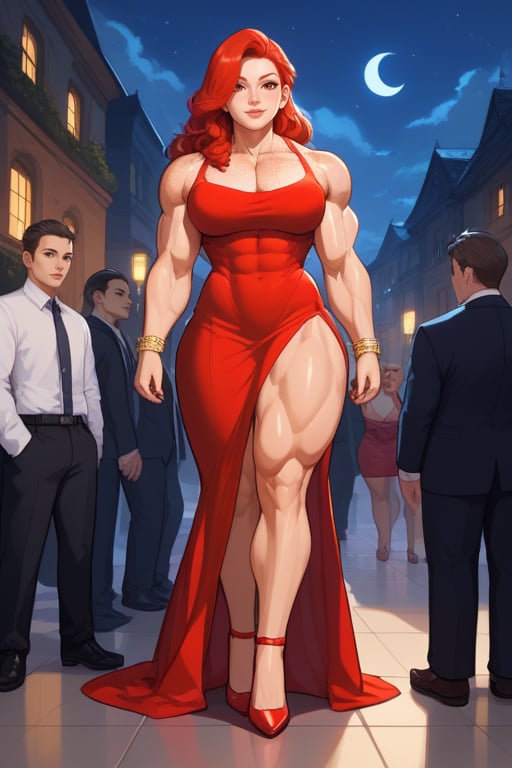 a very muscular girl, in dress, high heels, very strong arms, very strong legs, very strong calves, very strong pectorals, veins, pretty face, fine face, freckles, red hair, luxurious, chic, night, many people in the background, fine details, 8k, score_9,score_8_up,score_7_up