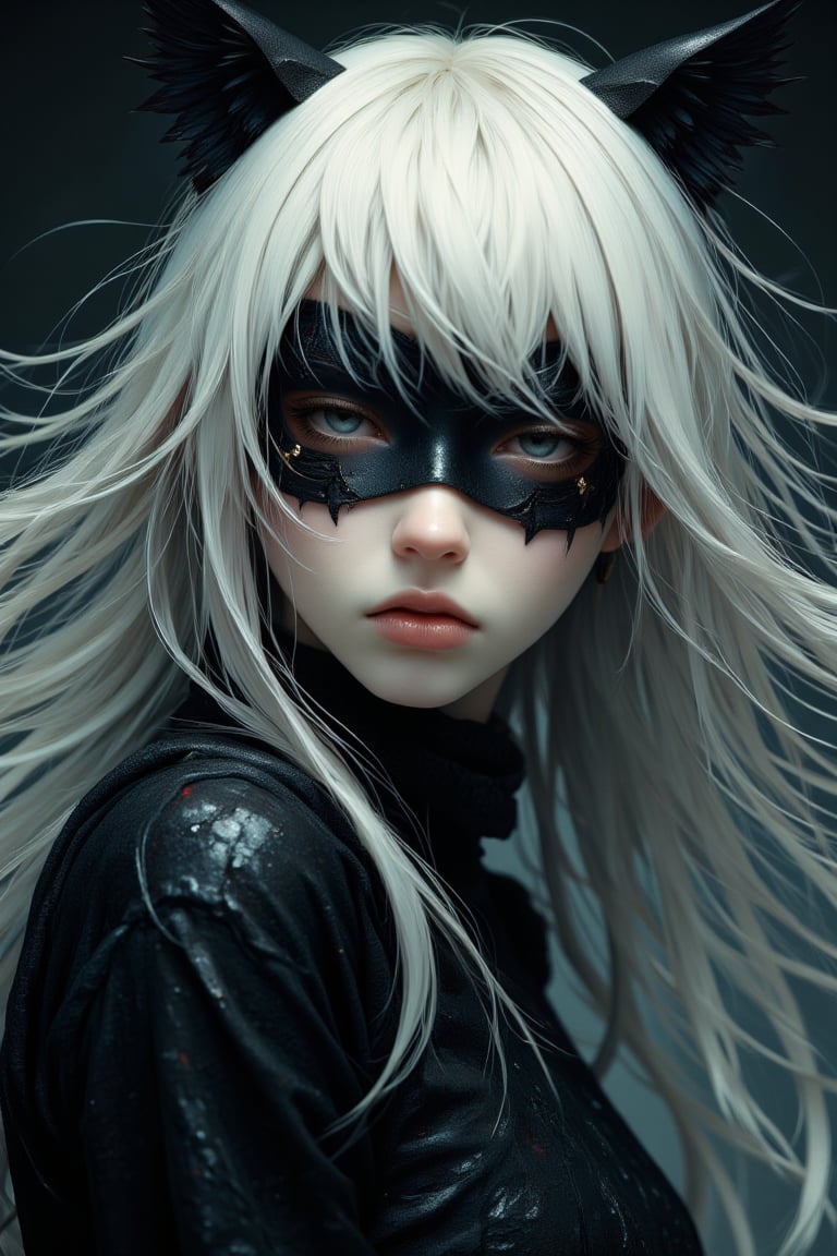 create a cat woman, inspired from matman movie, cat woman in black, dark, magical, beautiful, white hair, simple eye mask, long white hair