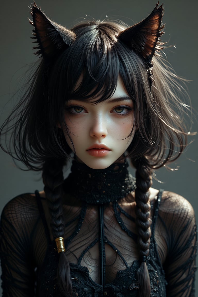 create a cat woman, inspired from matman movie, cat woman in black, dark, magical, beautiful