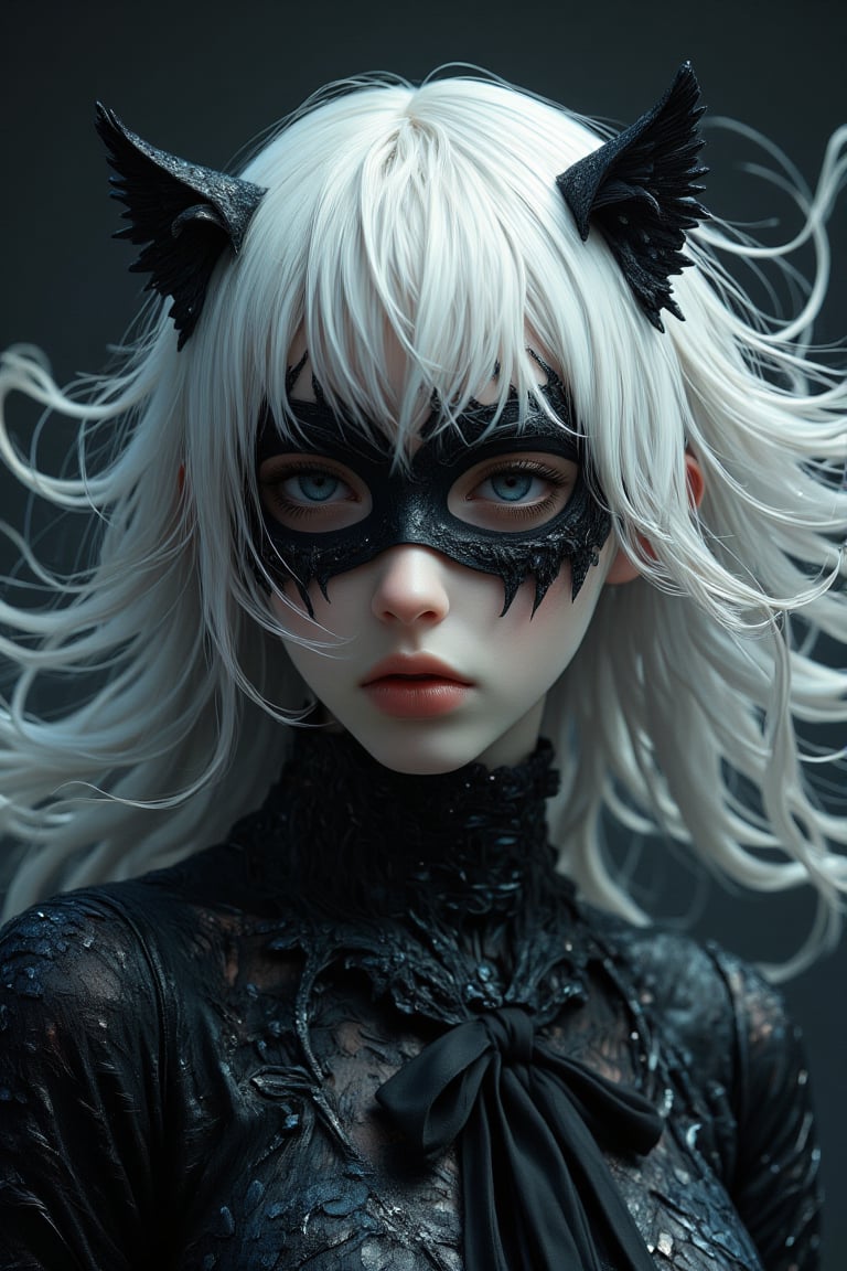 create a cat woman, inspired from matman movie, cat woman in black, dark, magical, beautiful, white hair, simple eye mask, long white hair, magic, super natural