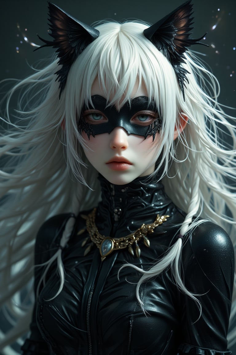 create a cat woman, inspired from matman movie, cat woman in black, dark, magical, beautiful, white hair, simple eye mask, long white hair, magic, super natural, leather attire