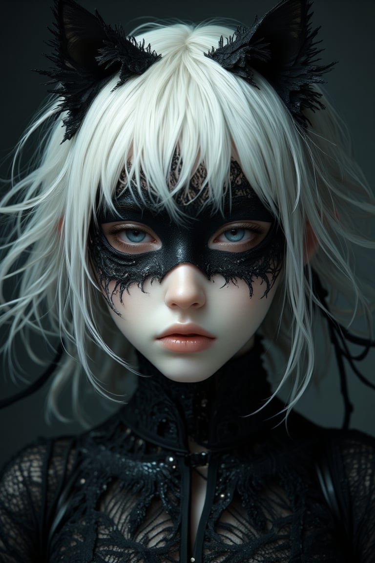 create a cat woman, inspired from matman movie, cat woman in black, dark, magical, beautiful, white hair, simple eye mask