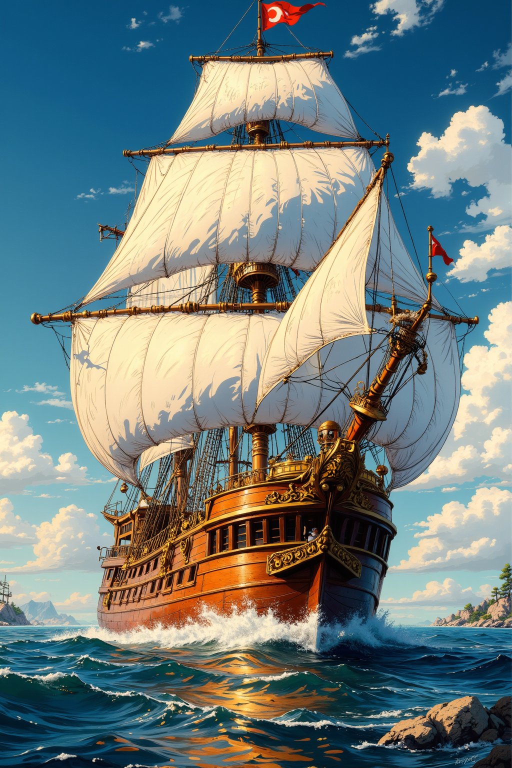 from front, An imaginative and impressionist depiction of , a large ship, (masterpiece, top quality, best quality, official art, beautiful and aesthetic:1.2), Very detailed, simple composition, maritime, Higaki Kaisen Japanese Ship, on the sea, gilded, splendid, a wide ship, ancient, wooden, sailing ship, Full, So much that it fills up, gold money, coral, treasure box,straw rice bag, illustrations, cute cartoon, scenery,oil and watercolor painting