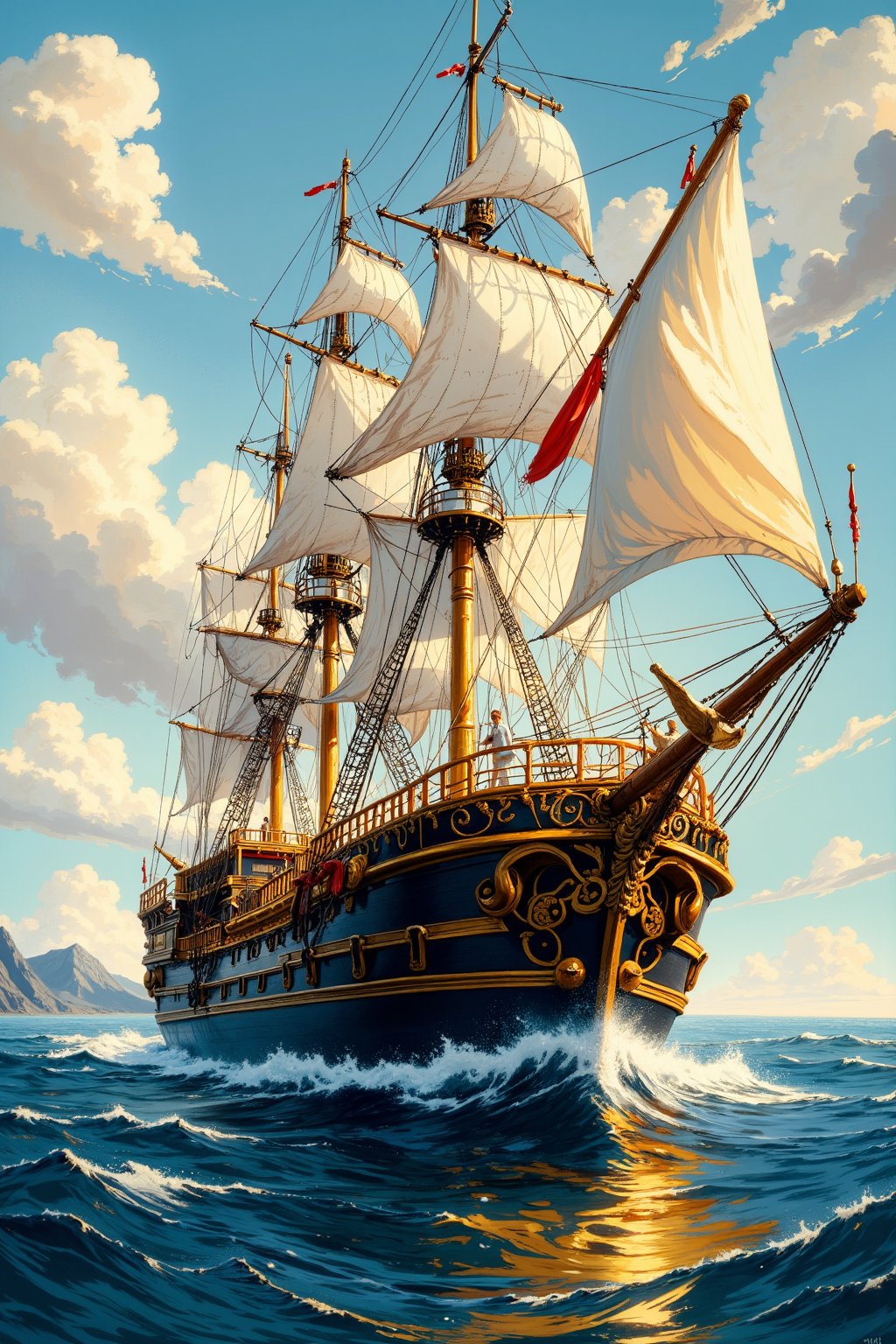 from front, An imaginative and impressionist depiction of , a large ship, (masterpiece, top quality, best quality, official art, beautiful and aesthetic:1.2), Very detailed, simple composition, maritime, Higaki Kaisen Japanese Ship, on the sea, gilded, splendid, a wide ship, ancient, wooden, sailing ship, Full, So much that it fills up, gold money, coral, treasure box,straw rice bag, illustrations, cute cartoon, scenery,oil and watercolor painting