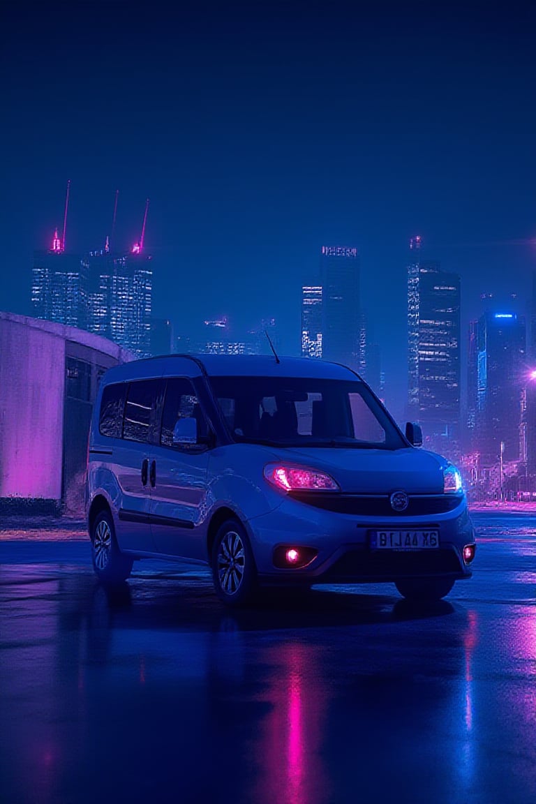 Doblo car on road, cyberpunk city at night, sky scrapers in background, blue and pink neon lights