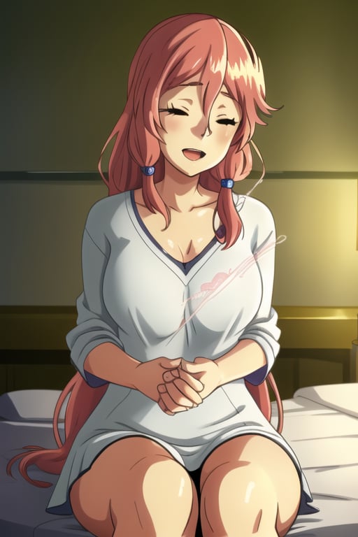 A close-up shot of Flare and Setsuna, two young women, lying in bed together. Flare is gently masturbating, her eyes closed in pleasure, while Setsuna watches with a soft, affectionate expression. The room is dimly lit with warm, ambient light, creating a cozy and intimate atmosphere. The composition focuses on their faces and intertwined hands, with the bed and surroundings slightly blurred to maintain the focus on their connection. The scene is set in a comfortable, private bedroom, emphasizing the shared intimacy and closeness between them.