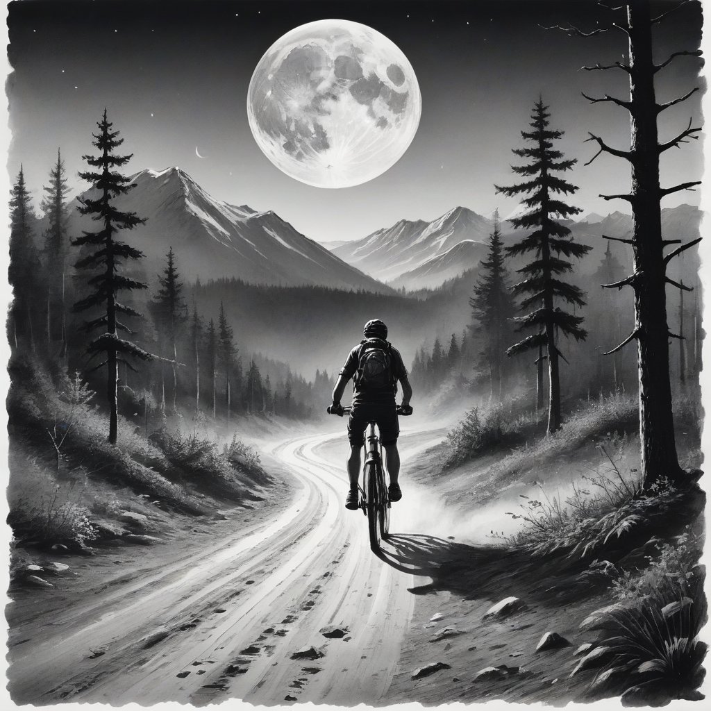 very simple ink sketch black&white 
about adventure, travel, and exploration of the commitment to oneself,
 bike ride  no helmet on a standard mountain bike with forest and the moon in the background 