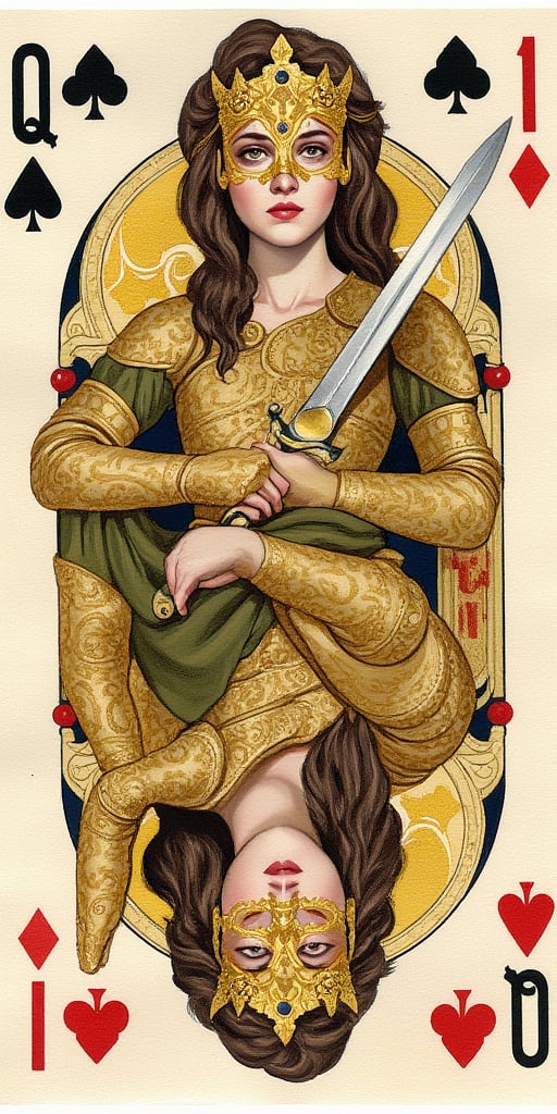 watercolor painting of a young beautiful woman wearing a golden mask and armor. She is holding a golden sword. Art nouveau.
Playing card queen of clubs half upside down.