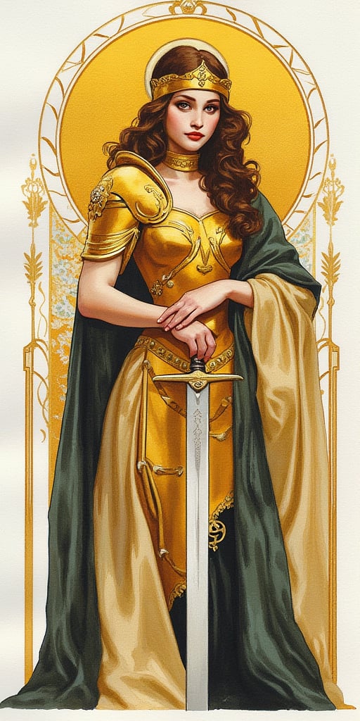 watercolor painting of a young beautiful woman wearing a golden mask and armor. She is holding a golden sword. Art nouveau.