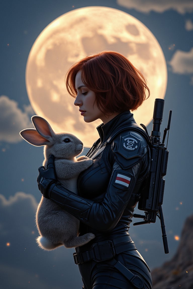 Design a painting featuring a large  moon. The Marvel hero Black Widow stands in profile, dressed in her combat outfit, cradling a mechanical rabbit in her arms. Detailed illustration with a dynamic background in the style of fantasy art. A digital painting concept design showing a close up shot with ultra high resolution and high detail in sharp focus. An intricate studio photo shoot with highly detailed sharp focus and high quality:1.2), hkwarrior, mythp0rt