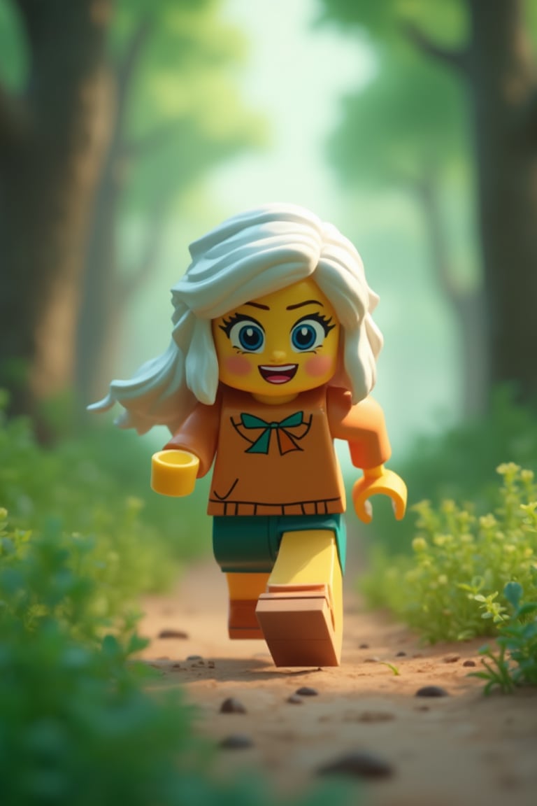 An 3d lego block cartoon scene featuring a young girl, 10yo, in the forest, running, long white hair, blue eyes