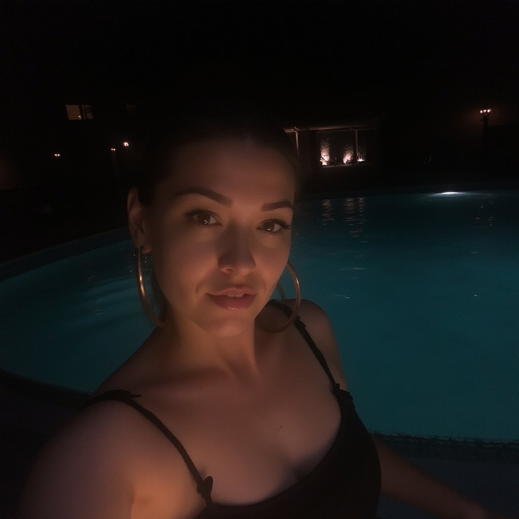 in the night, snapchat  party selfie in swimming pool college usa 80, low light, noise, grain, jpeg artifacts