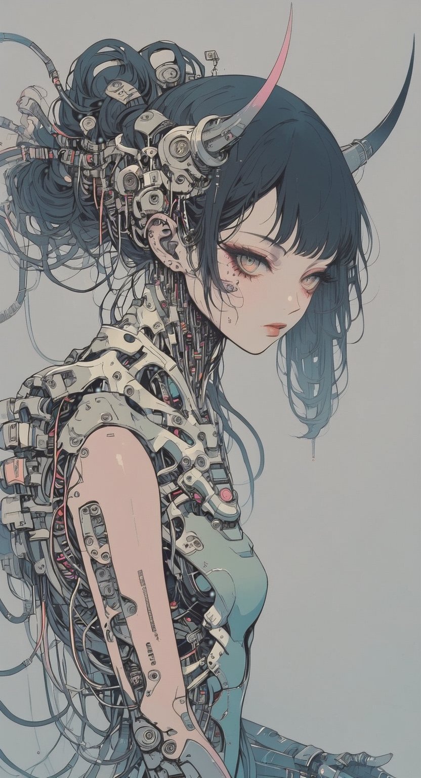 simple background, asian, 1girl, straight black hair, eerie, quiet, graceful body, peach skin, beauty. divine, muted color palette, anime black line,,txznmec, m3, cybernetic, cyborgt, source_anime, metal line on body,Decora_SWstyle,Portrait, from Front, horn, lace, wires,Cyberpunk geisha