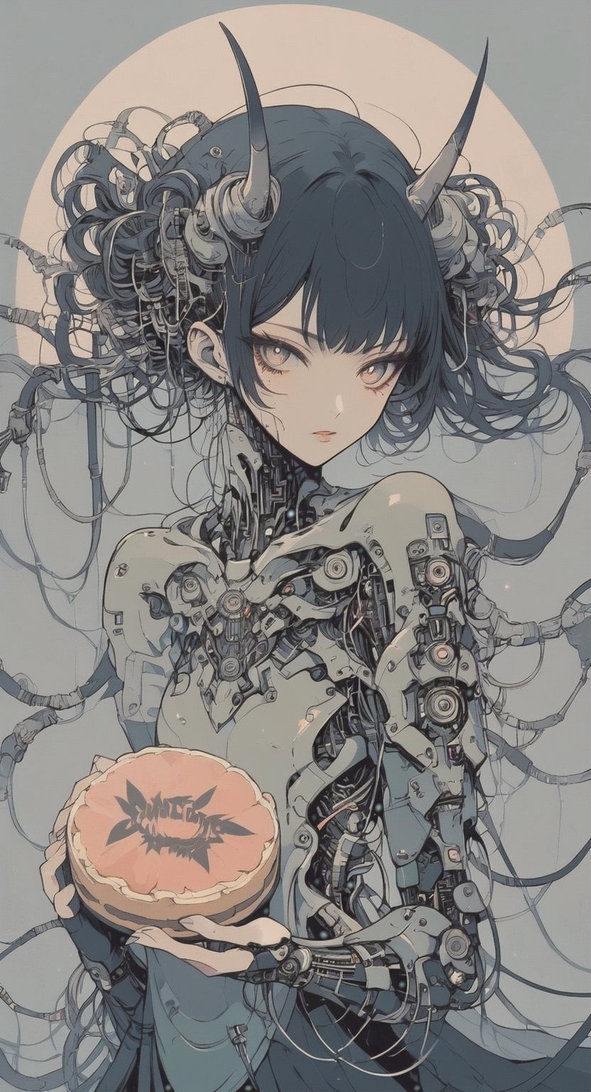 simple background with a large full moon, Asian,1girl, straight black hair, her hands holding a round moon cake, the cake is in brown color with word engraved on top, , eerie, quiet, graceful body, peach skin, beauty. divine, muted color palette, anime black line,,txznmec, m3, cybernetic, cyborgt, source_anime, metal line on body,Decora_SWstyle,Portrait, from Front, horn, lace, wires, 