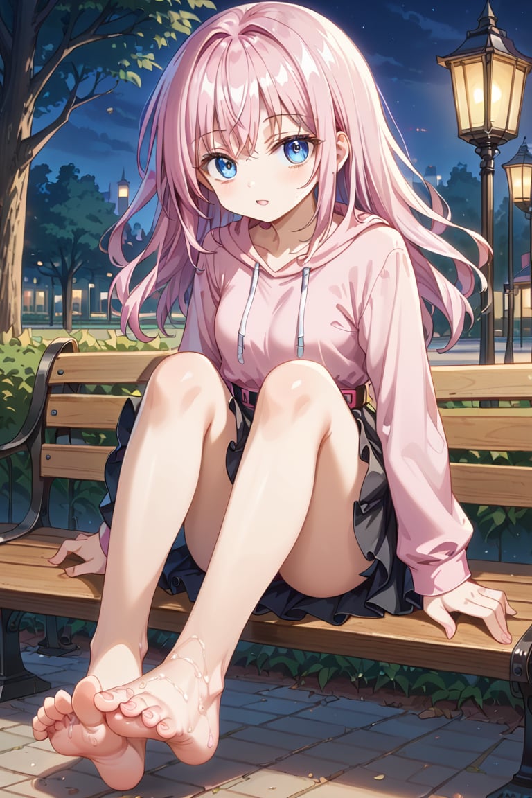 A girl, 19 years old, the girl sits on a park bench, surrounded by the darkness of the night, illuminated by lamps, the girl plays a guitar, the girl barefoot, shows her feet to the viewer, detailed feet, the girl dresses a pink sweatshirt, a very short blue miniskirt, she has long pink hair, loose hair