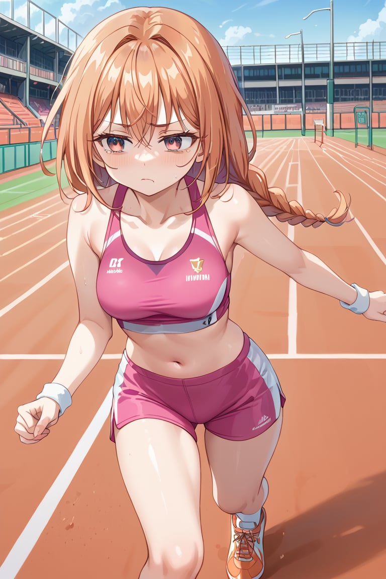 Create a girl running on a race track, university, the girl is dressed in very tight pink sportswear, her belly button is visible, her hair is braided, long hair, orange hair, tired face but satisfied by the exercise, orange tennis shoes, the track is red