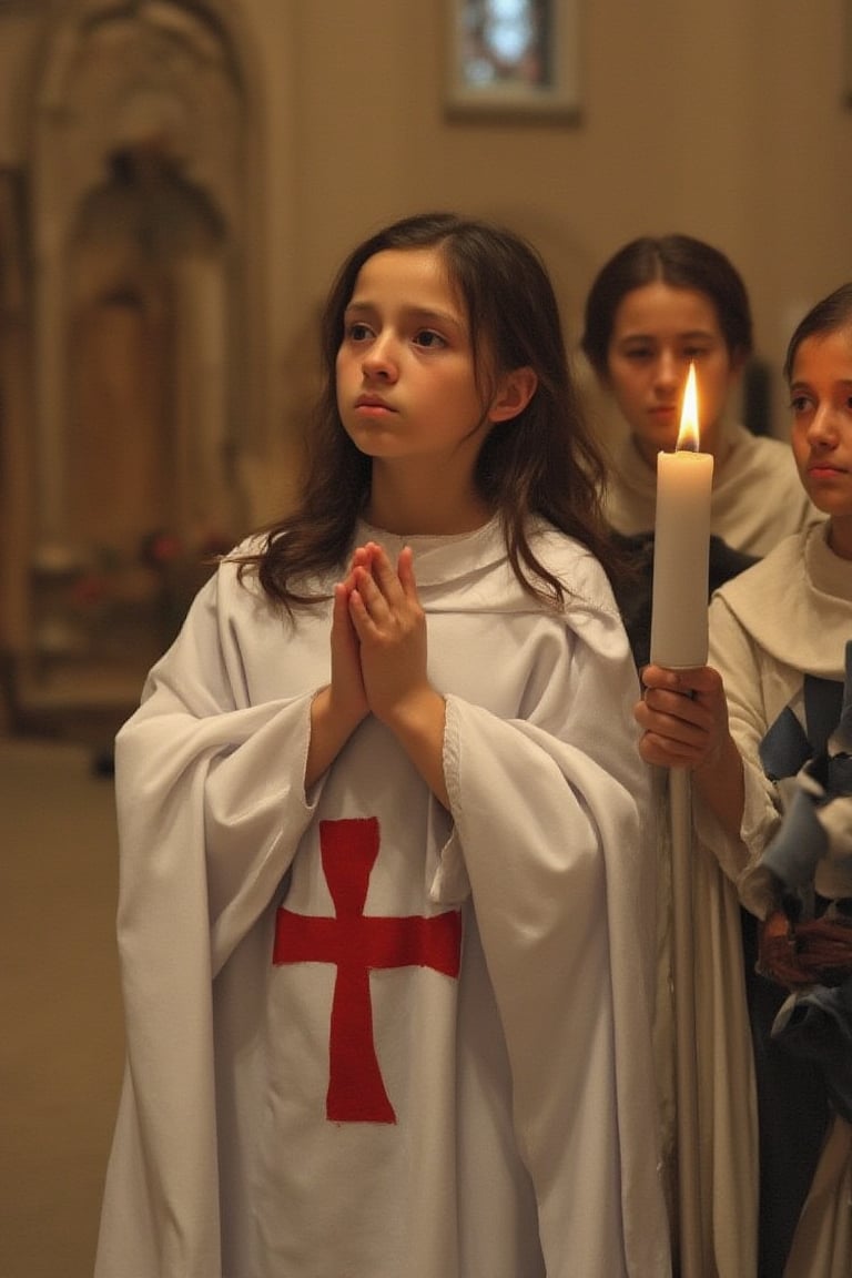 A cute young, girlish girl, dressed in white Templar armor with a red cross printed on it, praying in a temple