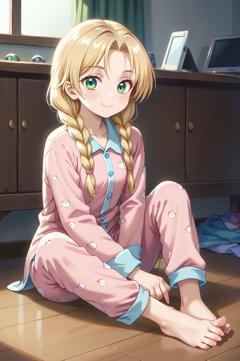 Create a young girl, sitting on the floor playing a video game, the girl is dressed in pajamas with the top open, the pants are dinosaurs, blonde hair with long braids, green eyes, with a slight smile, her expression shows that she is winning the video game, the girl is barefoot, her feet are small, well detailed feet, realistic feet, the place is dark only illuminated by the video game screen