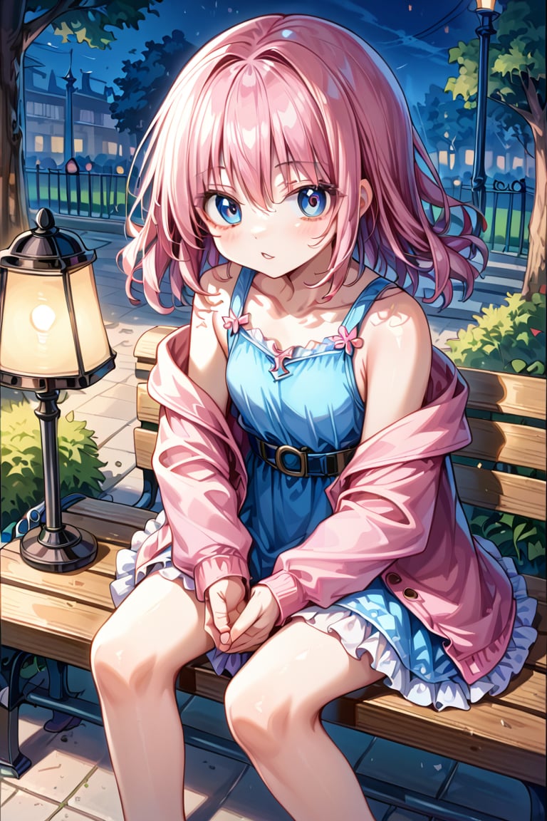 A girl, 19 years old, the girl sits on a park bench, surrounded by the darkness of the night, illuminated by lamps, the girl plays a guitar, the girl barefoot, shows her feet to the viewer, detailed feet, the girl dresses a pink sweatshirt, a very short blue miniskirt, she has long pink hair, loose hair