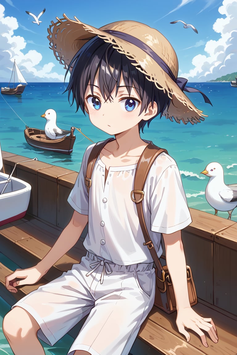 Create a young boy, sailing on a boat, with long, black hair, wearing a straw hat, the boat is made of wood, his face expresses happiness for the trip, seagulls follow him, the background is just the sea