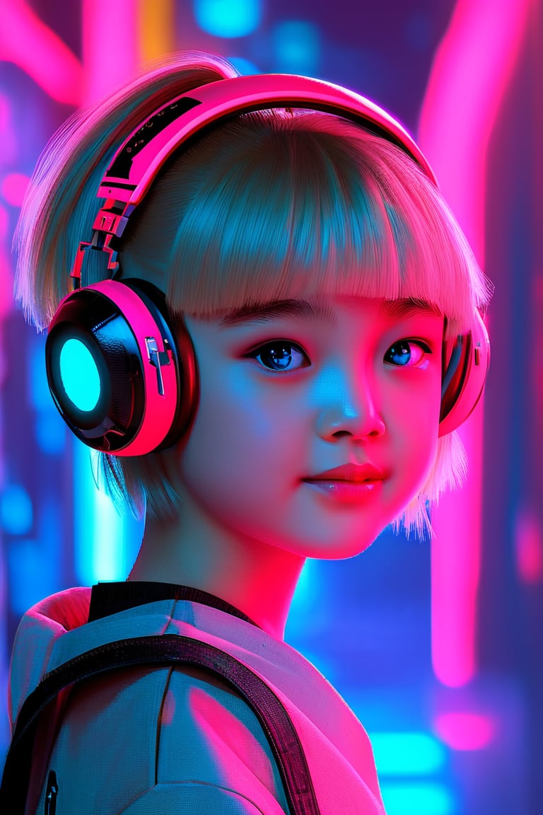 Create a young girl at least 12 years old, Asian, with short blonde hair, blue eyes, wearing cyberpunk clothing, using retro-futuristic headphones, with a diffuse cyberpunk background, illuminated with a pink light from the left side, she looks at the viewer with a slight tender smile