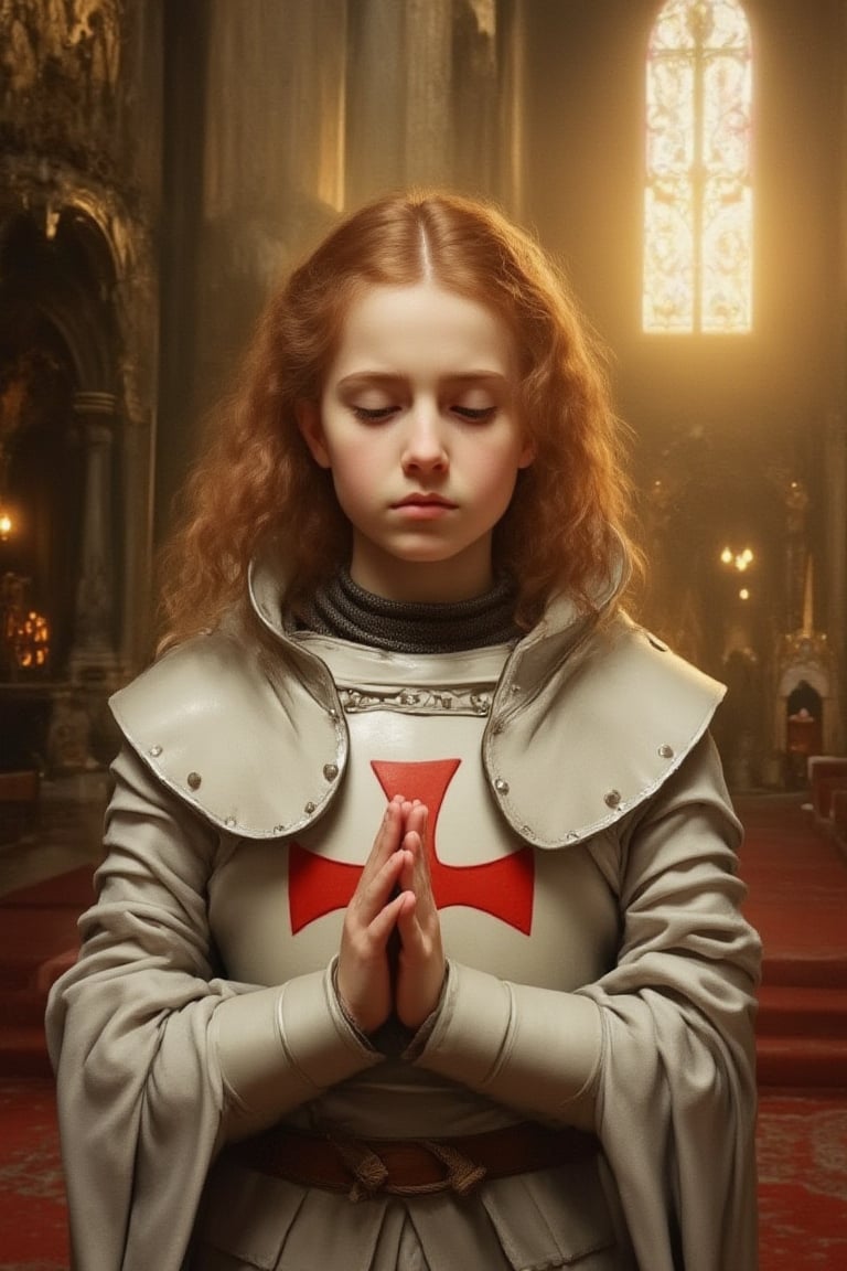 A cute young, girlish girl, dressed in white Templar armor with a red cross printed on it, praying in a temple