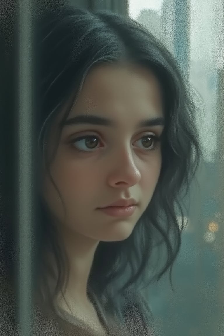 Create an artistic portrait of a young girl in her late teens, gazing thoughtfully out of a window. The girl has large, expressive eyes typical of anime style, with delicate features and soft, flowing hair that partially obscures her face. The scene is a blend of impressionist and anime styles, with soft, textured brushstrokes capturing the play of light and shadow on her face and the subtle colors of the room. The window frames a blurry, impressionistic view of the outside world, with hints of a garden or cityscape bathed in soft, diffused light. The girl's expression is serene and introspective, conveying a sense of quiet contemplation. The overall composition combines the dreamy, atmospheric quality of impressionism with the sharp, emotive lines of anime