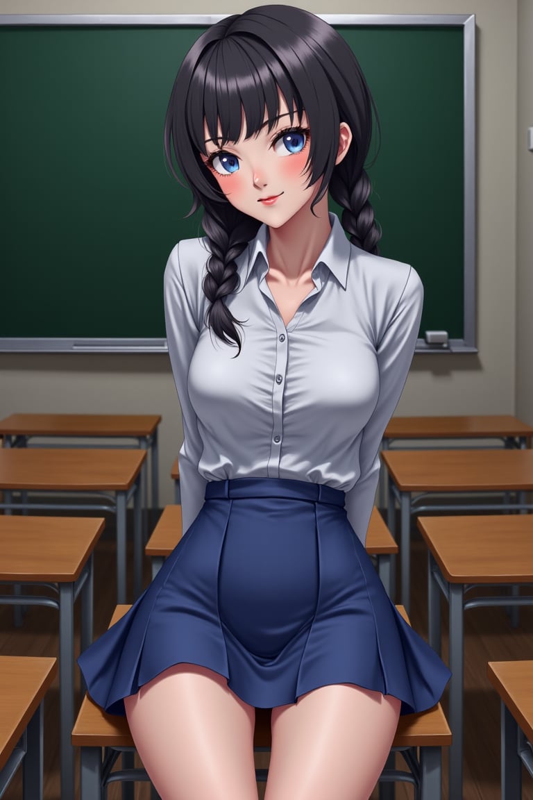 Create a girl, dressed in a schoolgirl uniform, which consists of a blue miniskirt and a white blouse, which is unbuttoned, she is in a classroom, she is sitting on a desk with her legs open showing her underwear, without socks showing her feet to the viewer, her face is flirtatious and mischievous, with an interesting smile, with blue eyes and long but braided hair, showing a very beautiful face, her environment is school, with multiple benches around, a dim but quite illuminated light, behind her is a blackboard