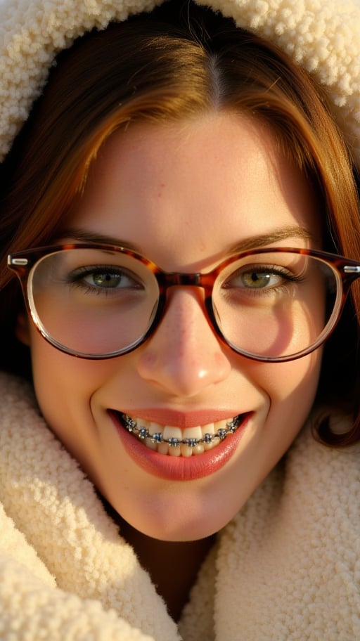 ((Close-up of woStoya, 18 year old female face under a blanket)), with warm golden sunlight highlighting her features. She is wearing clear, under-rimmed glasses. She is smiling brightly with her mouth open, revealing the intricate detail of her braces. Natural, detailed freckles adding character and depth to the face. Soft fabric texture, fine hair detail, furrowed eyebrow detail, eyelash detail, natural eye texture, crease detail, soft under-eye shadow.,wost0y4,Fantasy detailers 