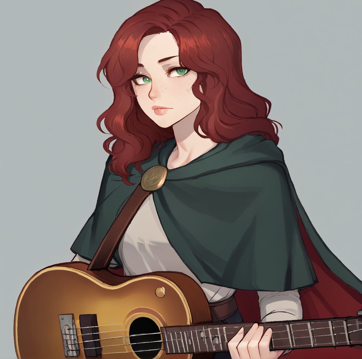 1girl, solo, long hair,  simple background, closed mouth, lips, sexy lips,  green eyes, red hair, belt, hood, grey background, cape, wavy hair, hood down, cloak, freckles,ratatatat74 artstyle,Eyes,Beautiful eyes, playing Creole guitar 