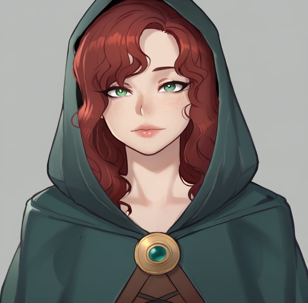 1girl, solo, long hair,  simple background, closed mouth, lips, sexy lips, happy face,  green eyes, red hair, belt, hood, grey background, cape, wavy hair, hood down, cloak, freckles,ratatatat74 artstyle,Eyes,Beautiful eyes